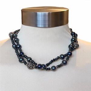 Vintage 90s Blue And Silver Beaded Double Strand 16-18” Lobster Clasp Necklace
